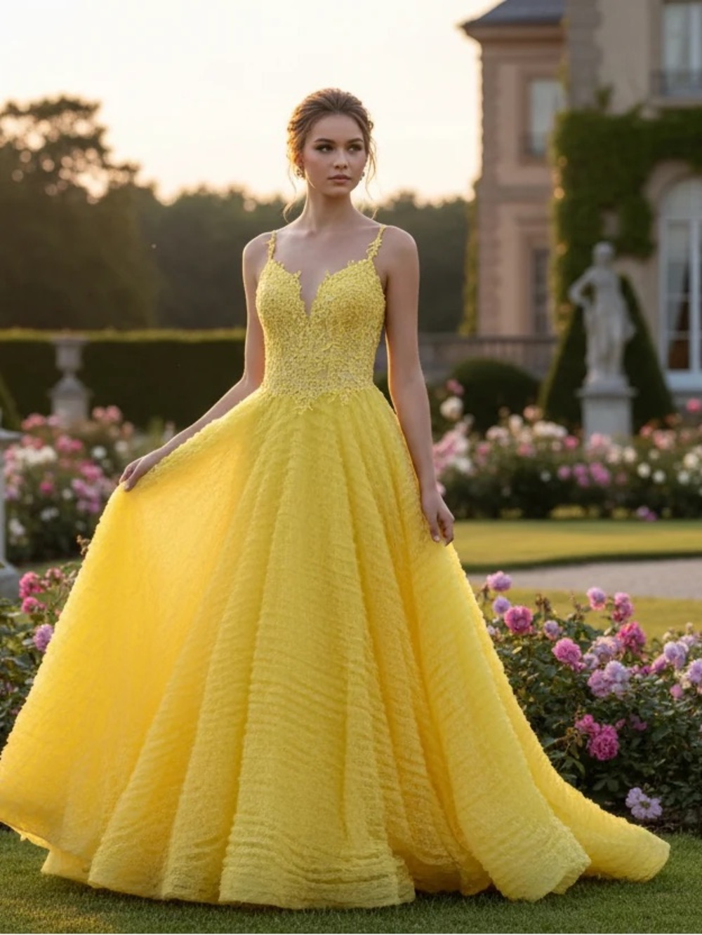 Rachel Allan Sunshine Yellow Lace Bodice Ball Gown